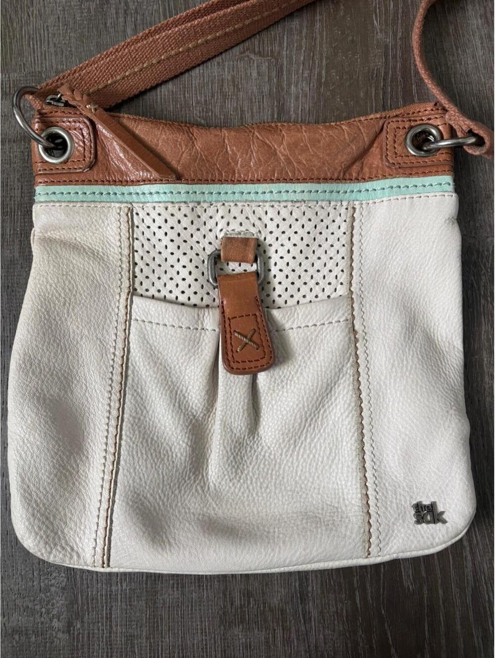 The Sak Vintage “Kendra” Tan Taupe Brown Trim Leather Crossbody Purse Bag Boho - Picture 2 of 9